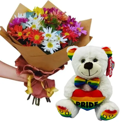 RAMO DE FLORES MARGARITAS CON PELUCHE PRIDE